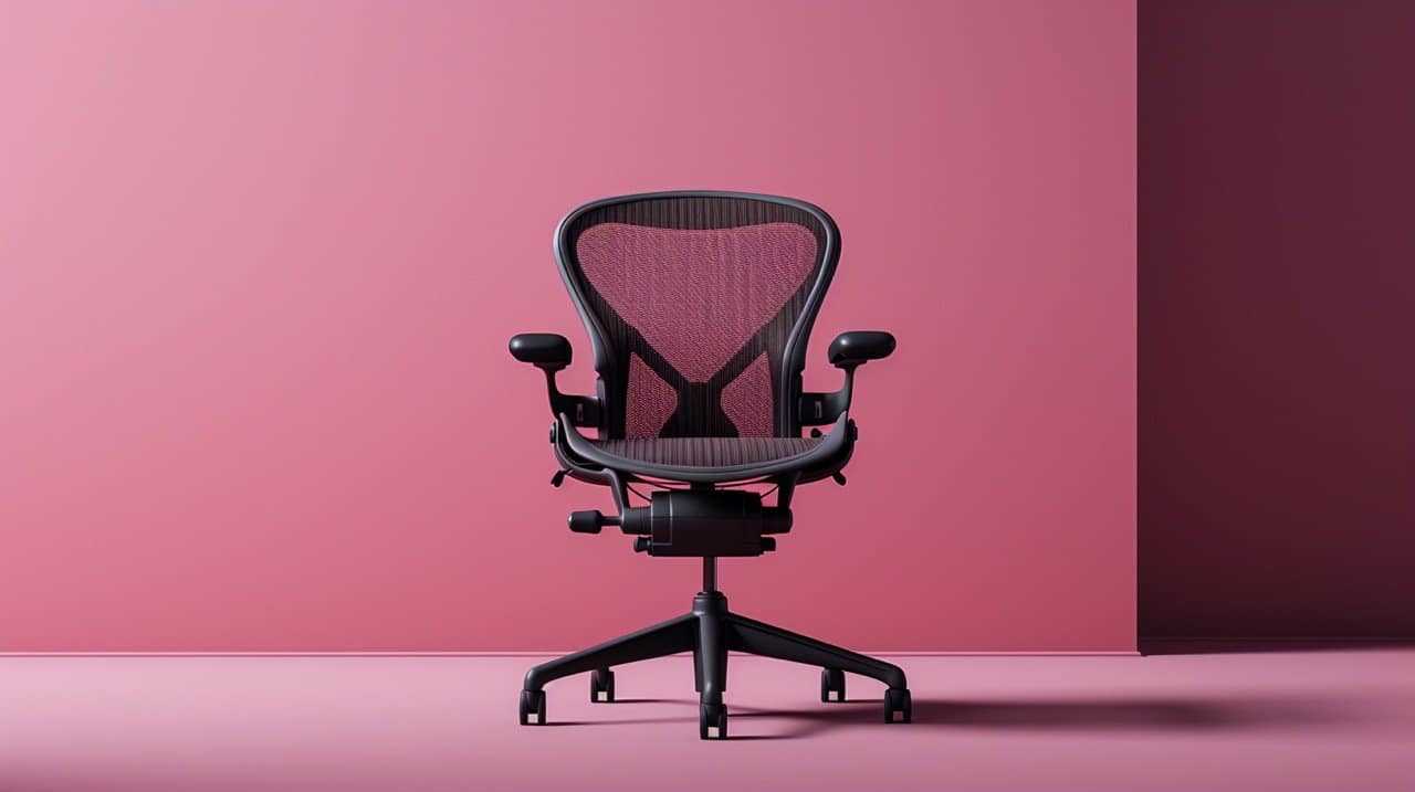 office chair types, black aeron office chair in a pink photo studio Large